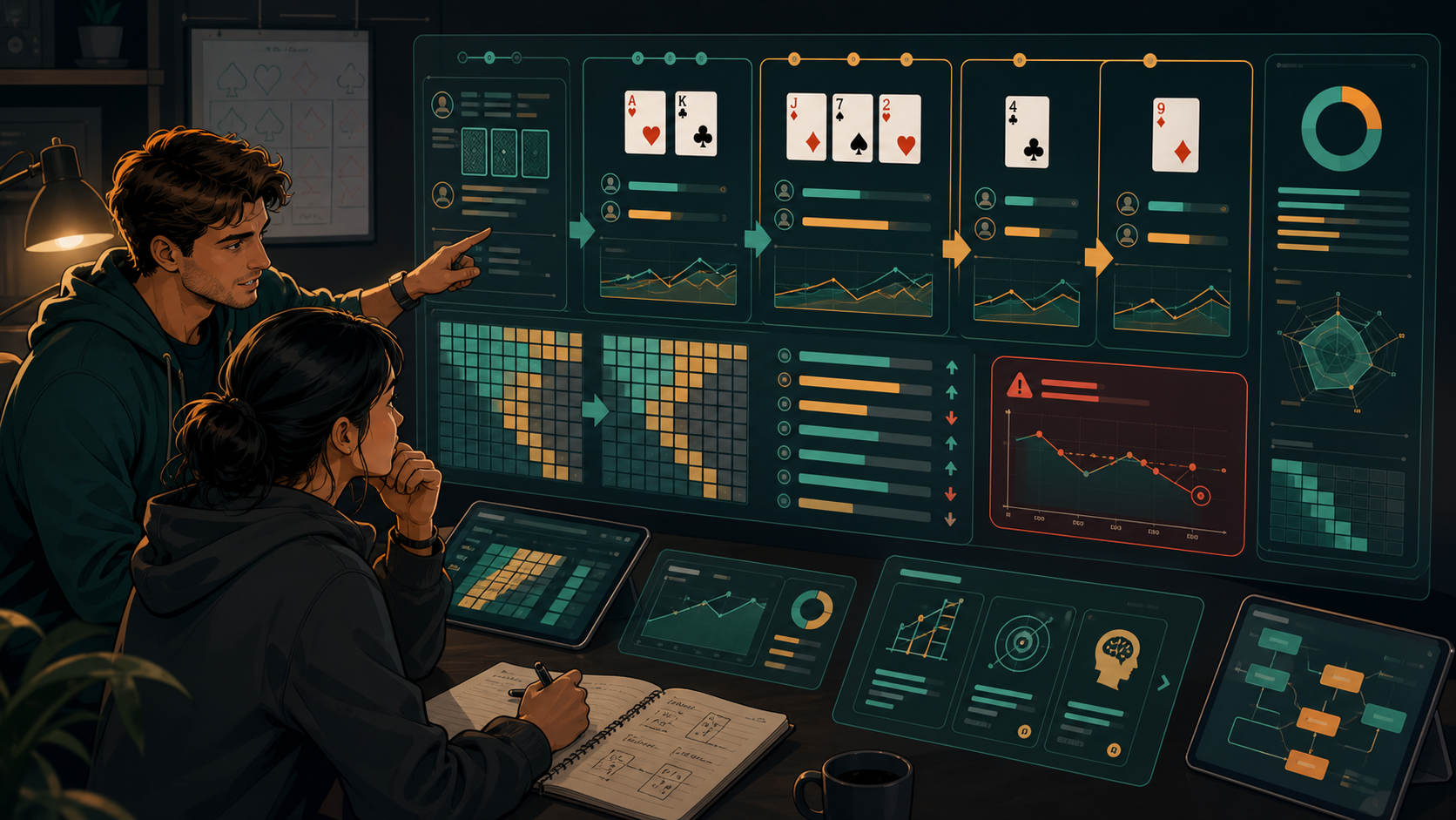 Comic hand review workspace with street-by-street report panels, range shift arrows, and next drill recommendation