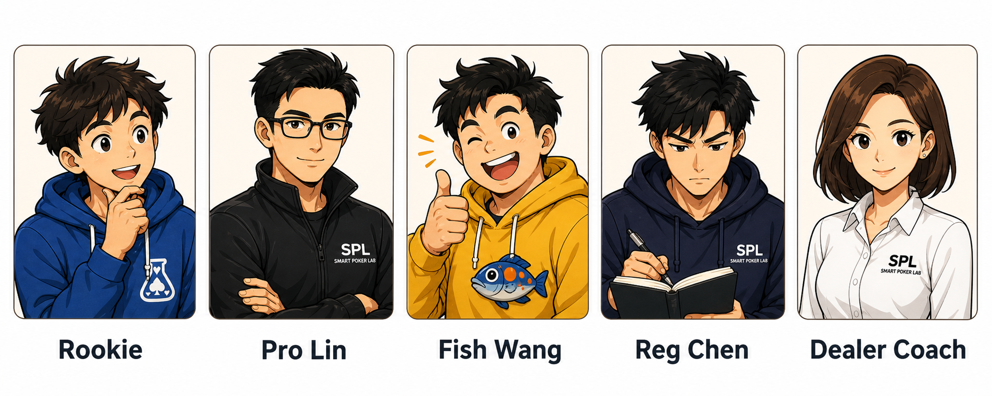 Smart Poker Lab comic character lineup: Rookie, Pro Lin, Fish Wang, Reg Chen, and Dealer Coach