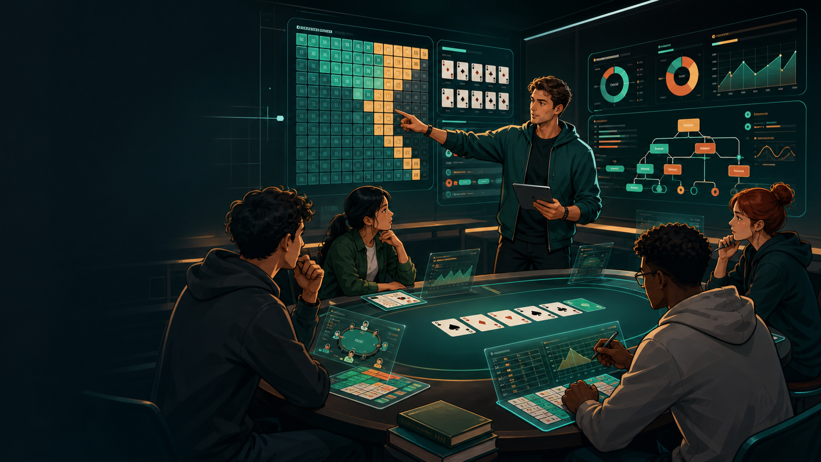 Modern comic poker training lab with young adult learners studying ranges, score panels, and hand review dashboards