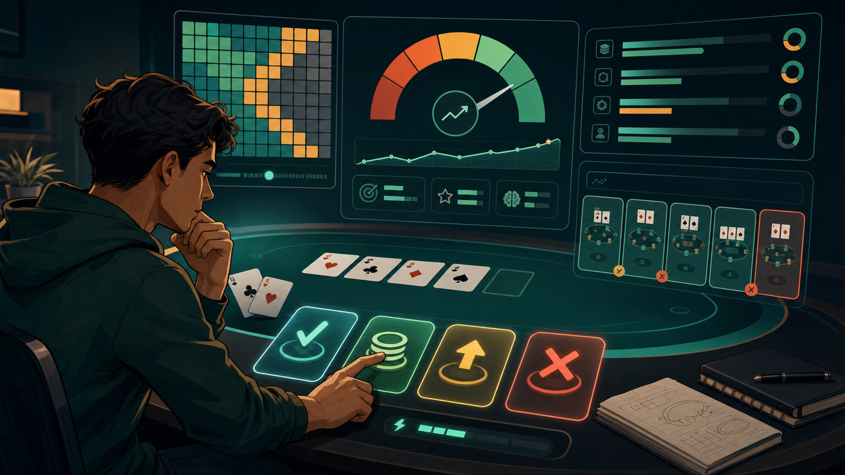 Comic practice mode interface with four action choices, Smart Score feedback, and drill pack progress