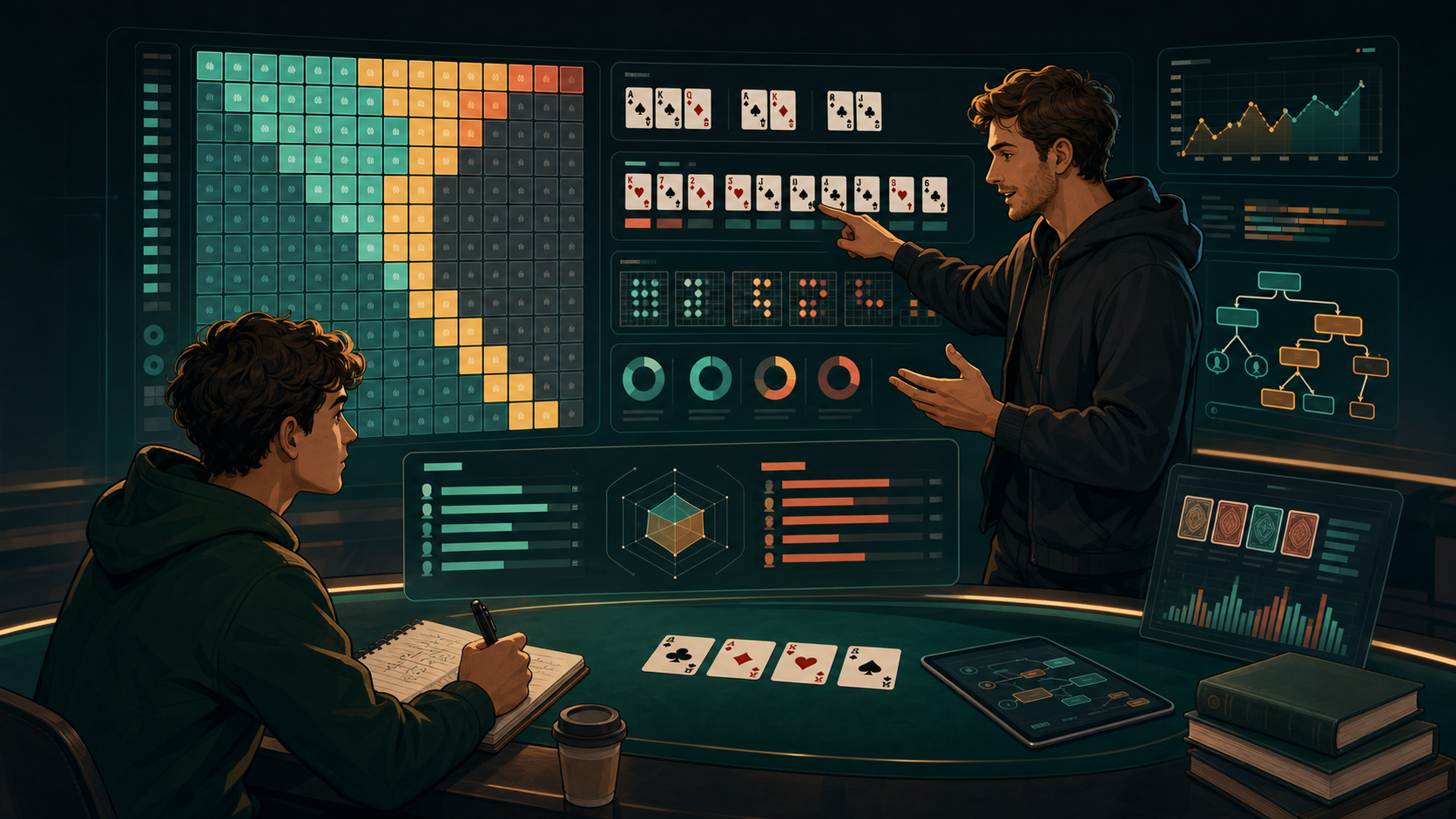 Comic study mode dashboard with a range matrix, board texture atlas, and baseline versus exploit panels
